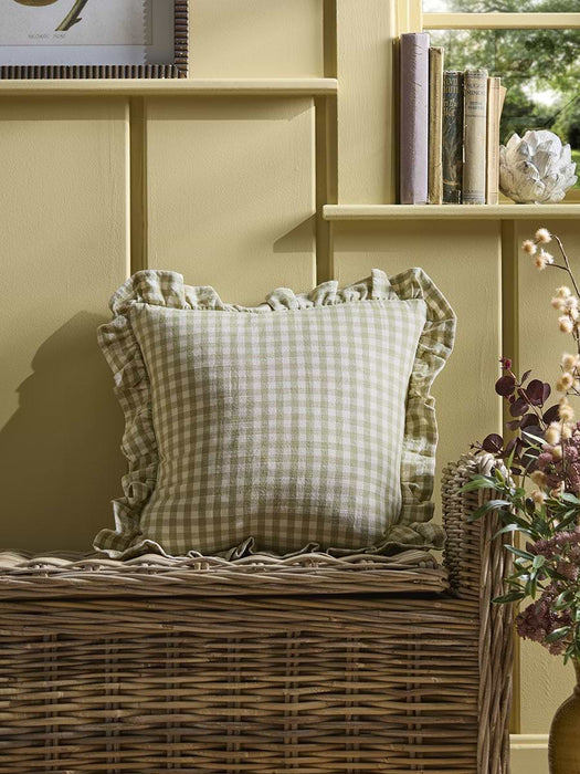 Gingham Ruffle Square Cushion - Sage