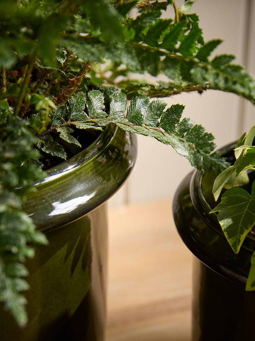 Two Green Rimmed Metal Planters