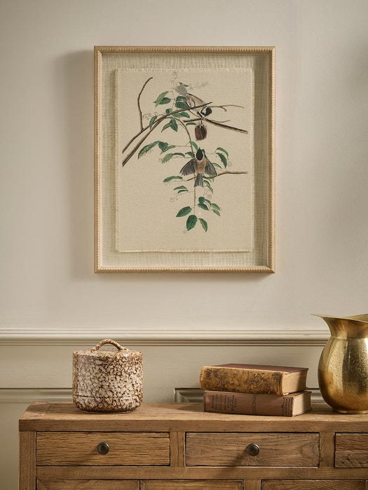 Printed Linen Chickadees Beaded Frame