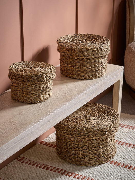 Three Lidded Seagrass Storage Baskets