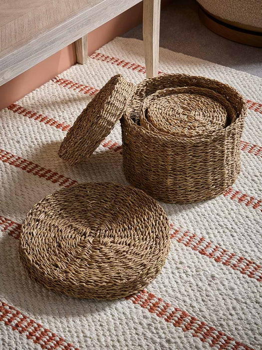 Three Lidded Seagrass Storage Baskets
