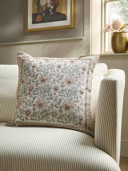 Embroidered Hand Block Printed Cushion Cover - Large