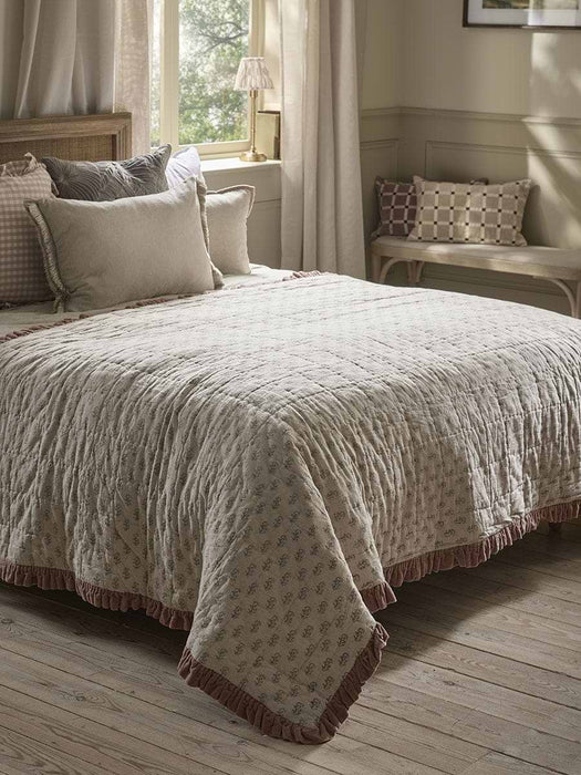 Ruffle Quilted Velvet Bedspread - Vintage Rose