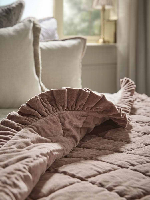 Ruffle Quilted Velvet Bedspread - Vintage Rose