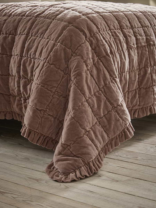 Ruffle Quilted Velvet Bedspread - Vintage Rose