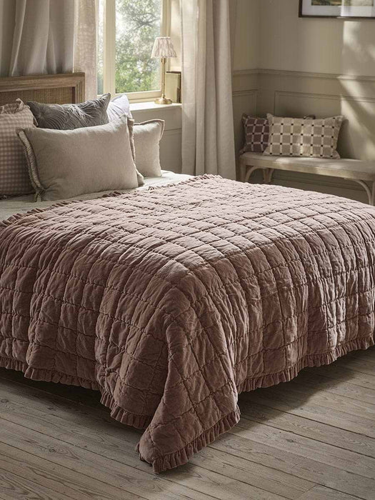 Ruffle Quilted Velvet Bedspread - Vintage Rose