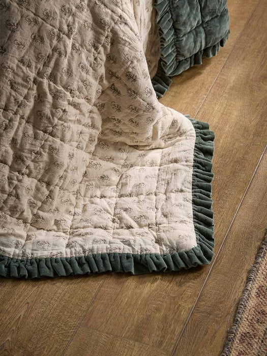 Ruffle Quilted Velvet Bedspread - Nordic Blue