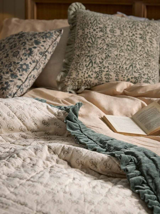 Ruffle Quilted Velvet Bedspread - Nordic Blue