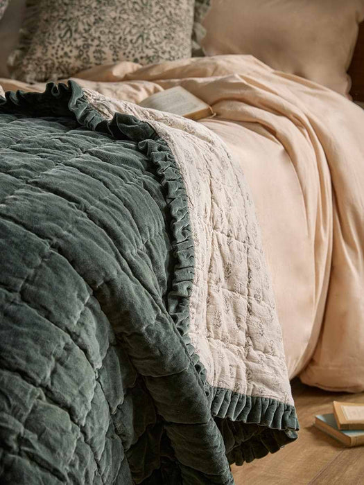 Ruffle Quilted Velvet Bedspread - Nordic Blue