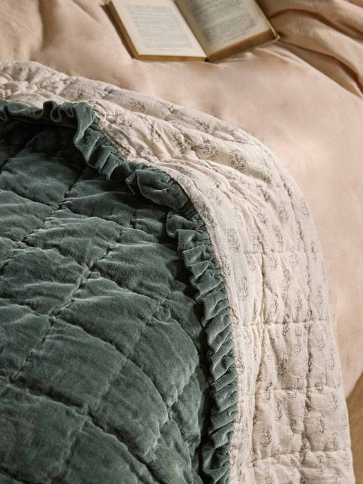 Ruffle Quilted Velvet Bedspread - Nordic Blue
