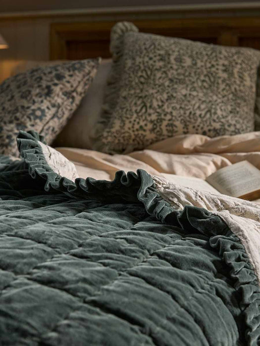 Ruffle Quilted Velvet Bedspread - Nordic Blue