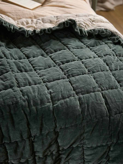 Ruffle Quilted Velvet Bedspread - Nordic Blue