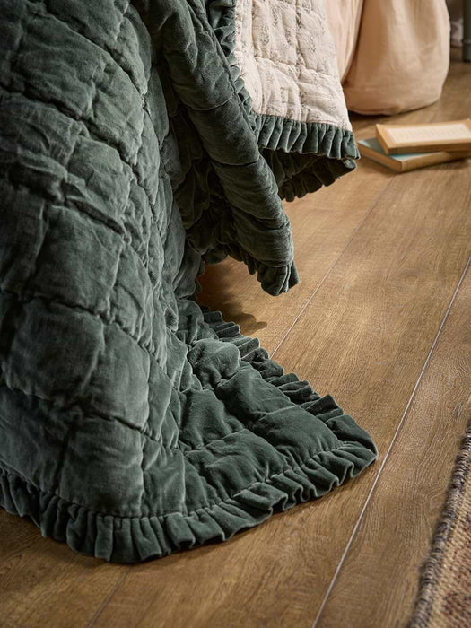 Ruffle Quilted Velvet Bedspread - Nordic Blue