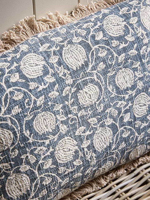 Fringed Block Print Cushion - Vintage Blue
