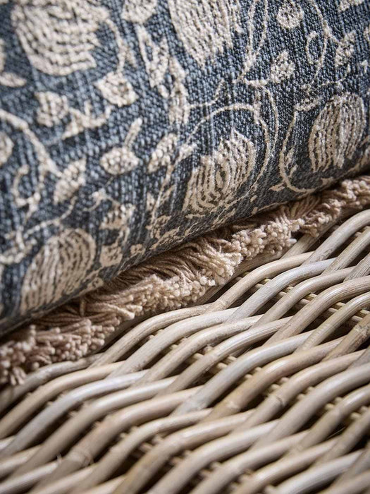 Fringed Block Print Cushion - Vintage Blue