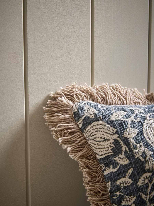 Fringed Block Print Cushion - Vintage Blue