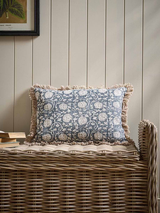 Fringed Block Print Cushion - Vintage Blue