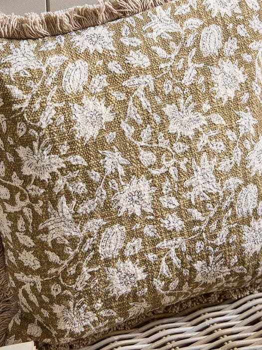 Fringed Block Print Cushion - Burnt Honey