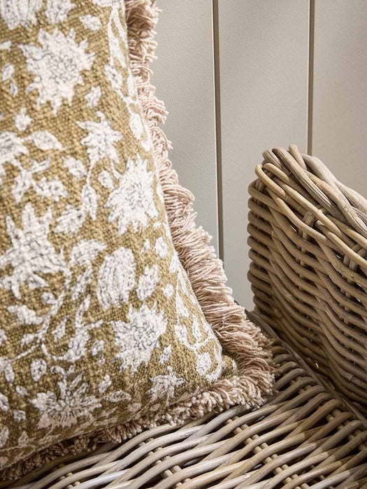 Fringed Block Print Cushion - Burnt Honey