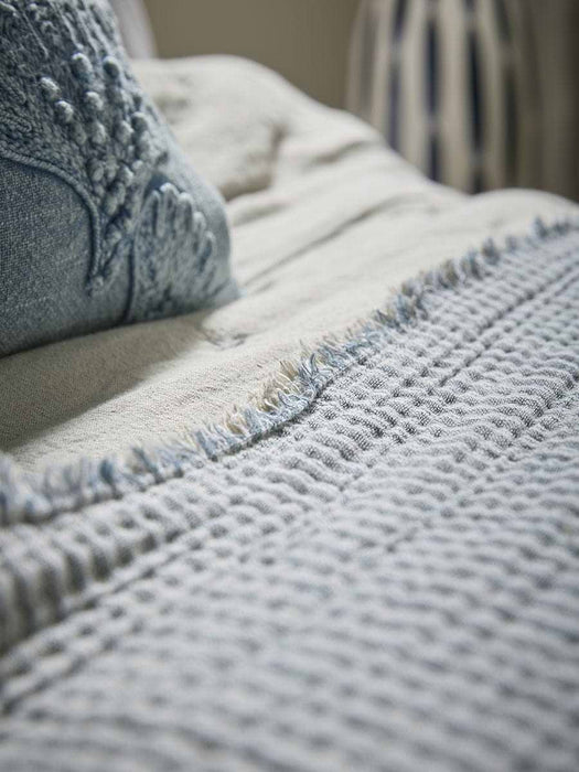 Frayed Cotton Bedspread - Soft Blue Stripe