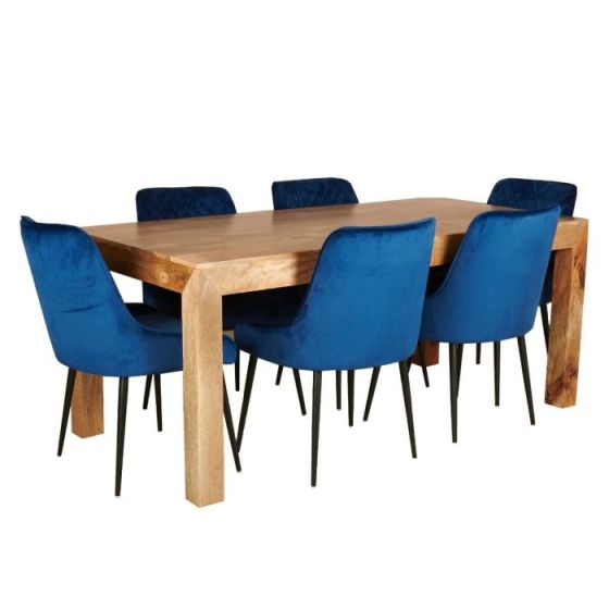 Acre & Artisan Light Mango Wood 180Cm Dining Table 6 Henley Velvert Chairs