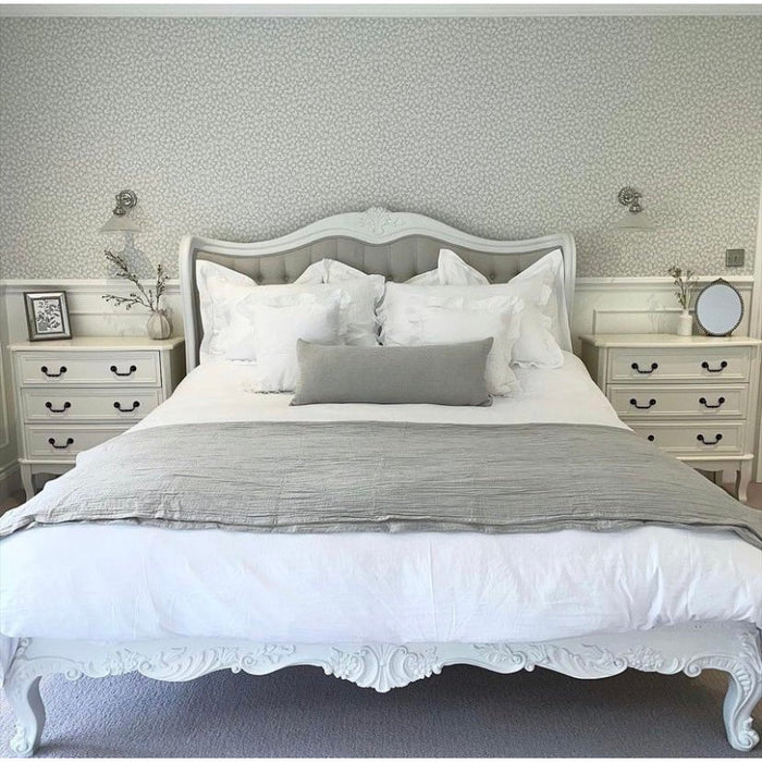 Versailles French Curved Antique White Upholstered Bed