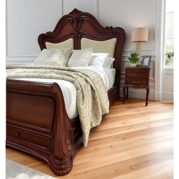 Marbella French Style Carved Sleigh Bed with Padded Headboard