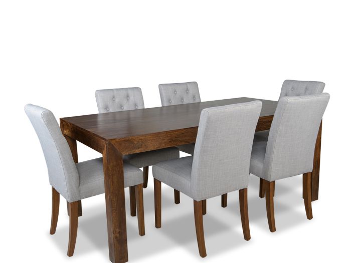 Acre & Artisan Solid Wood 180Cm Dining Table 6 Milan Button Fabric Chairs