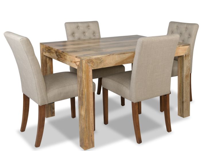 Acre & Artisan Light Solid Wood 120Cm Dining Table 4 Milan Button Fabric Chairs