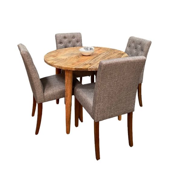 Acre & Artisan Light Vintage Mango 100Cm Round Dining Table 4 Milan Button Dining Chairs
