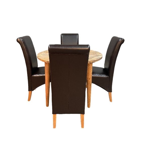 Acre & Artisan Light Vintage Mango 100Cm Round Dining Table 4 Leather Rollback Dining Chairs
