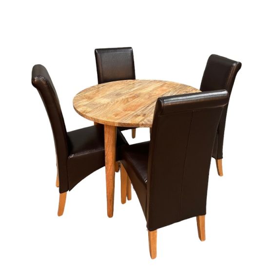 Acre & Artisan Light Vintage Mango 100Cm Round Dining Table 4 Leather Rollback Dining Chairs