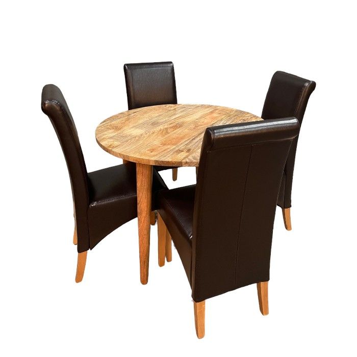 Light Vintage Mango 100cm Round Dining Table & 4 Leather Rollback Dining Chairs - In Stock