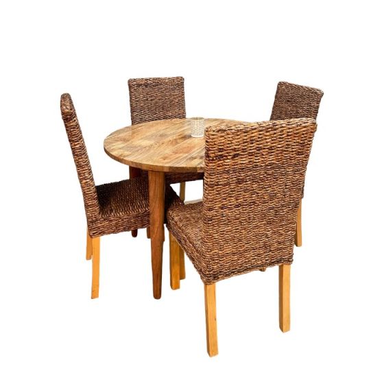 Acre & Artisan Light Vintage Mango 100Cm Round Dining Table 4 Rattan Dining Chairs