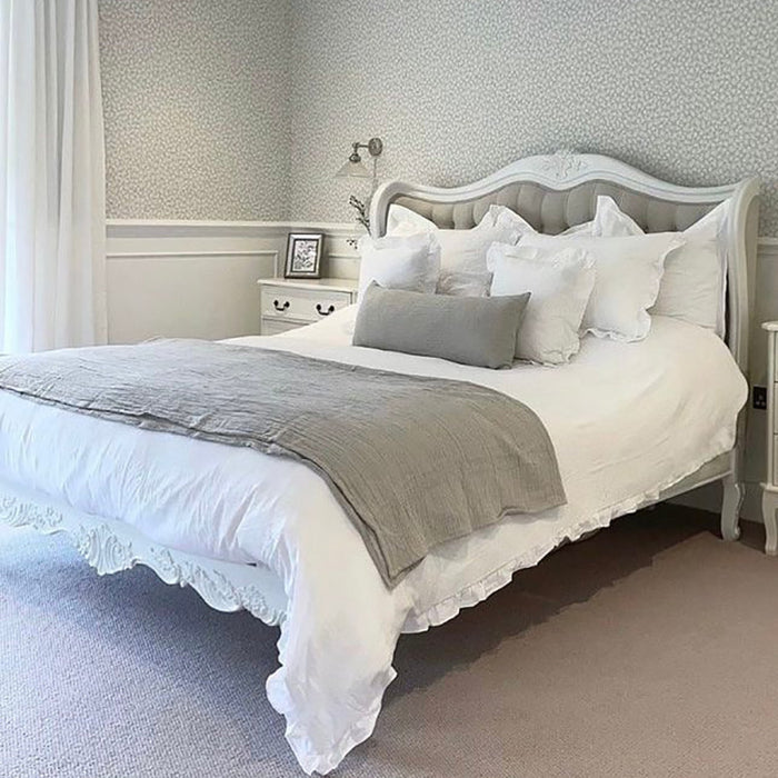 Versailles French Curved Antique White Upholstered Bed