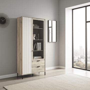 Amos Mann Grey Oak Effect And Cashmere Slatted 2 Door Display Cabinet
