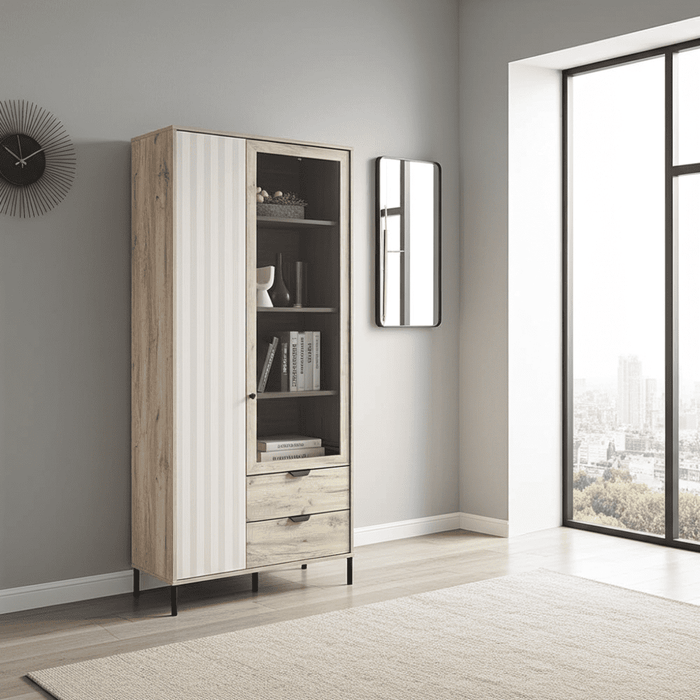Grey Oak Effect & Cashmere Slatted 2-Door Display Cabinet