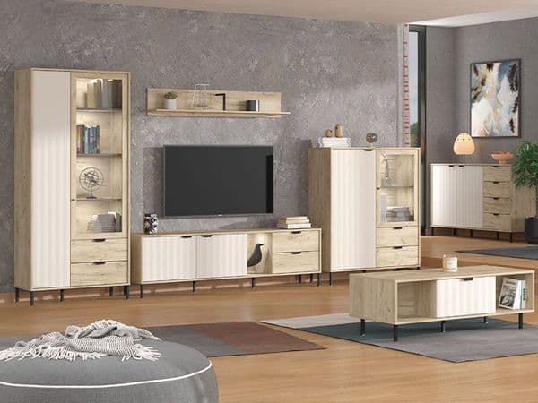 Grey Oak Effect & Cashmere Slatted 2-Door Display Cabinet