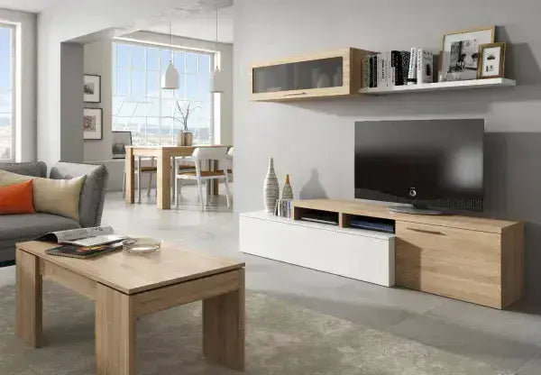 White Gloss & Oak Effect Reversible L-Shaped TV Entertainment Wall Unit Cabinet