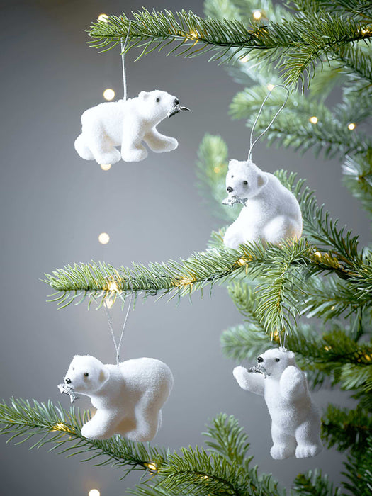 Four Hanging Flocked Polar Bears