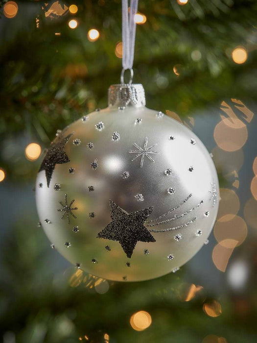 Six Luxury Silver Stars Glass Baubles