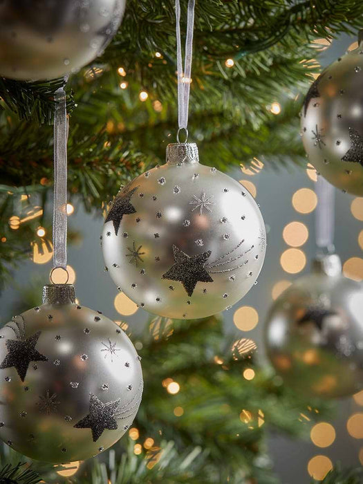 Six Luxury Silver Stars Glass Baubles